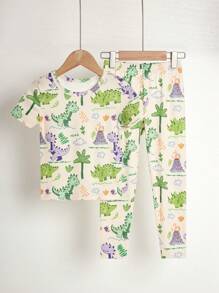 2 件套贴身男童睡衣套装 - 恐龙、火山、树叶印花短袖上衣和长裤，适合所有季节