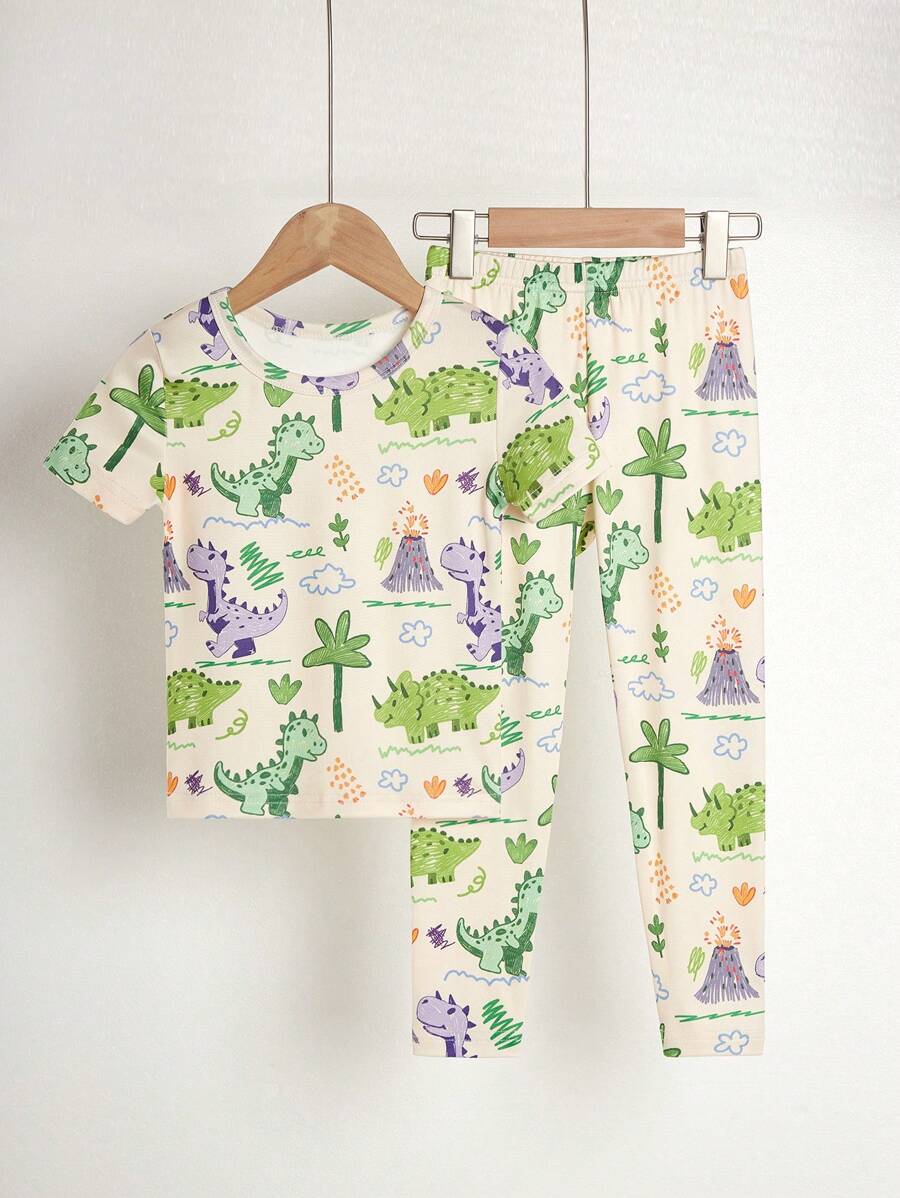 2 件套贴身男童睡衣套装 - 恐龙、火山、树叶印花短袖上衣和长裤，适合所有季节