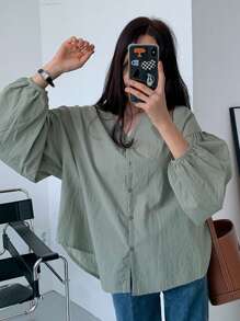 DAZY Solid Drop Shoulder Button Through Shirt,Fall Clothes Preppy Tops Long Sleeve Top - Green - View 4