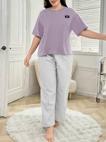 2pcs Plus Size Sleepwear Set: Letter Print Short Sleeve T-Shirt Top And Striped Pajama Pants, Outfits - Mauve Purple - View 3