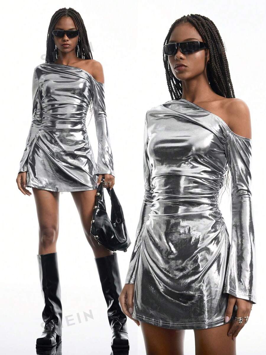 LYSMO Vestido corto de fiesta con cuello asimétrico metalizado y drapeado para mujer