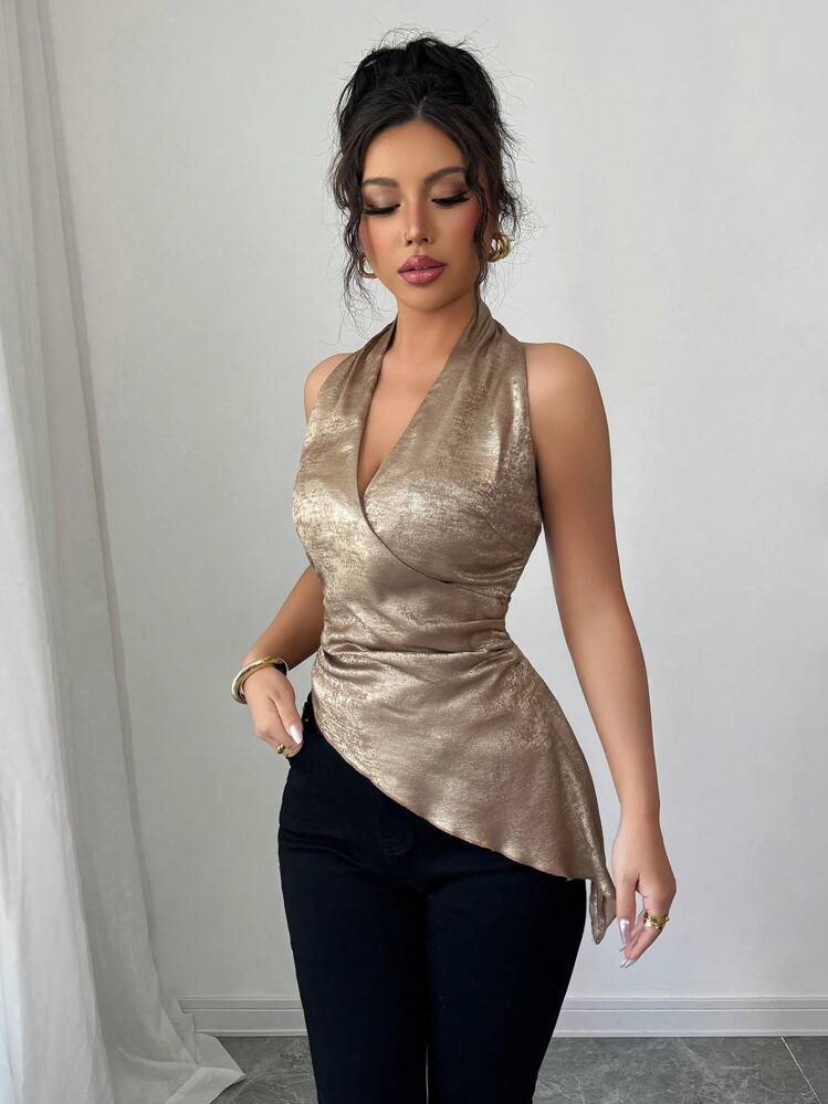 Elenzga 女士优雅金箔深 V 领不对称下摆修身衬衫，适合通勤、音乐节、度假 - 金色 - 查看 5