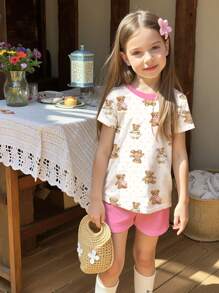 SHEIN 可爱熊印花 2 件套年轻女孩休闲简约短袖上衣和短裤夏季服装