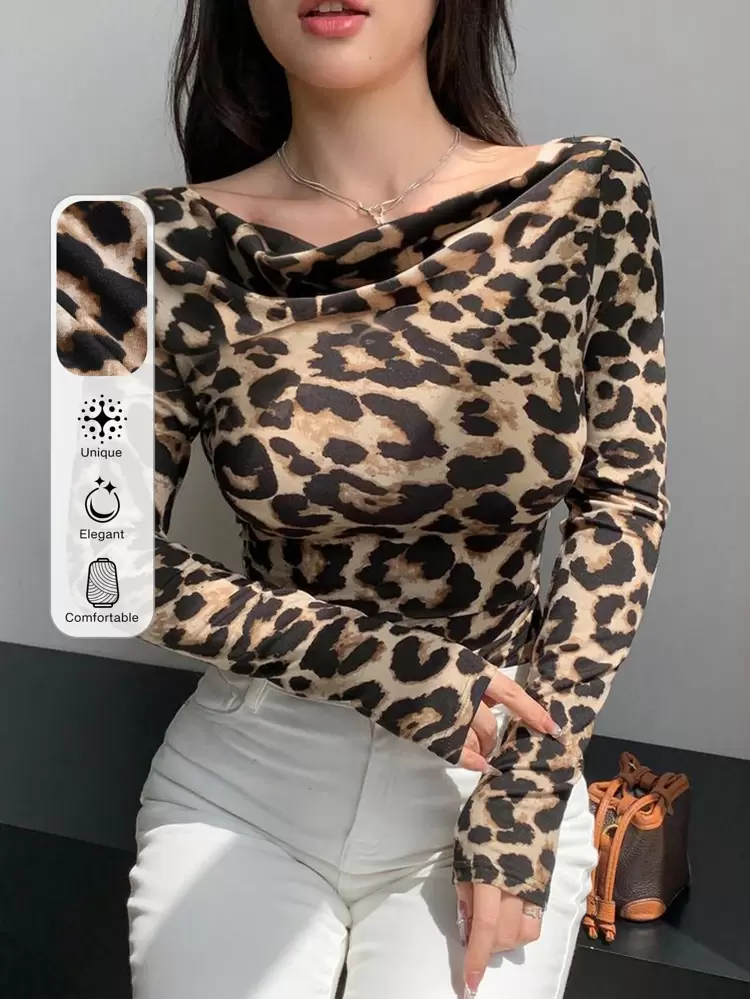 Women's Leopard Print Draped Neck Long Sleeve Slim Fit T-Shirt