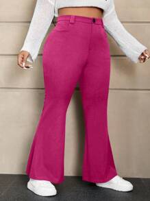 SHEIN EZwear Plus Size Fuchsia Pink Knitted Flare Pants - Hot Pink - View 4