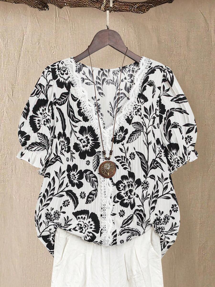 EMERY ROSE Camisa de textura regular con estampado para mujer de talla grande, para primavera y verano - Blanco - Ver 1