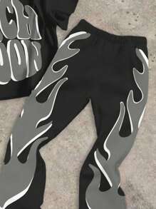 SHEIN Bolty Tween Boy Classic "Rich Soon" Text & Flame Print Boys Crew Neck T-Shirt And Flared Pants 2 Pieces Set, Casual Outfit For Summer - Multicolor - View 4