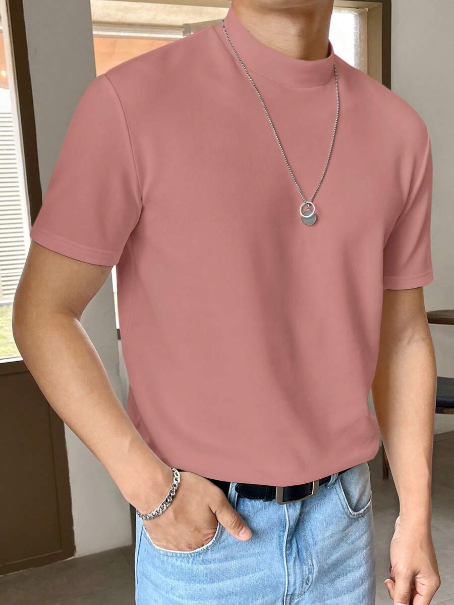Manfinity VCAY 男士休闲纯色立领短袖 T 恤 - 粉色 - 查看 1