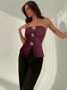 Aloruh 办公室无袖上衣，现代金属纽扣装饰，杏色，女士适用