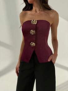 Aloruh 办公室无袖上衣，现代金属纽扣装饰，杏色，女士适用