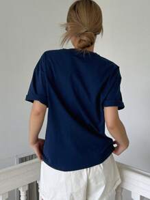 DAZY Camiseta Con Bordado De Letras Y Hombros Caídos - Azul Marino - Ver 8