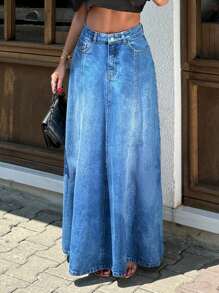 Cottnline WOMEN DENIM SKIRT STICH DETAIL MAXI SKIRT - Medium Wash - View 4