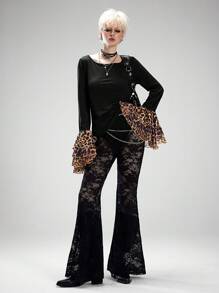 SHEIN EZwear 女式夏季 Y2K 街头服饰复古休闲装 垃圾摇滚休闲豹纹拼布荷叶边 T 恤 - 黑色 - 查看 5