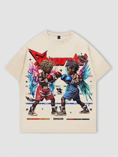 Street Life Men's Oversized Loose Dropped Shoulder Boxing Graphic T-Shirt, Vintage Streetwear Style