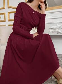 Modelyn 女士优雅魅力斜肩针织编织伞形下摆时尚连衣裙长款晚礼服 - 紅色 - 查看 3