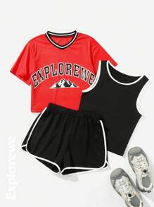 3pcs/Set Teens Girls Summer Casual Short Sleeve T-Shirt Top, Vest And Shorts Sports Activewear Set - Multicolor - View 1
