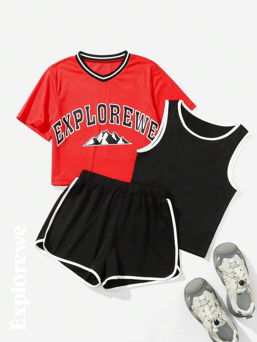 3pcs/Set Teens Girls Summer Casual Short Sleeve T-Shirt Top, Vest And Shorts Sports Activewear Set - Multicolor - View 1