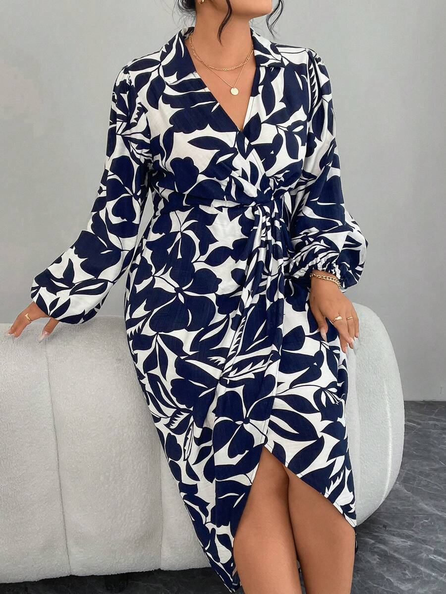 Modelyn Plus Size Elegant Floral All Over Print Lantern Sleeve Tie Wrap Dress - Navy Blue - View 1