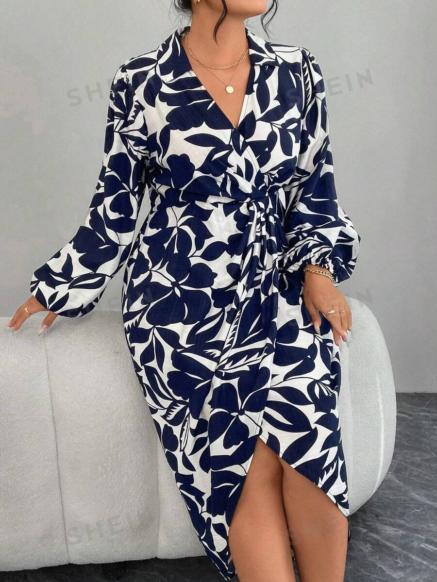 Modelyn Vestido envolvente con mangas farol y estampado floral todo sobre, talla grande, elegante - Azul Marino - Ver 1