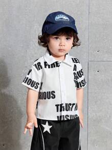 SHEIN Leap Crew Baby Boy Letter Pattern Lapel Short Sleeve Casual Shirt , Versatile - Black and White - View 1