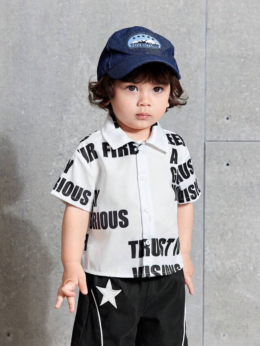 SHEIN Leap Crew Baby Boy Letter Pattern Lapel Short Sleeve Casual Shirt , Versatile - Black and White - View 1