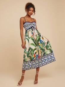 Travachic Women's Tropical Print Tie Front Frill Trim Sleeveless Vacation Dress,Sun Dress - Multicolor - View 3