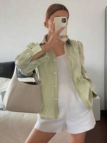 SHEIN Frenchy 女士度假休闲纯色镂空刺绣衬衫，绿色上衣，花卉孔眼刺绣面料全上衣衬衫，适合度假和日常穿着，春夏 - 彩色 - 查看 3