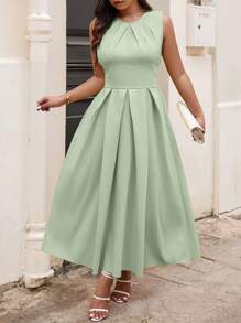 Cravure 加大码纯色圆领褶皱休闲夏季长款女装