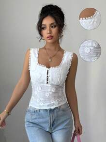 Selianne 女士优雅别致办公室休闲舒适度假无袖收腰后半襟荷叶边刺绣面料纯色衬衫