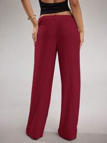 SHEIN BAE 女式杏色纯色亚麻休闲阔腿裤，低腰，适合日常、度假、办公室、春夏季 - 酒紅色 - 查看 2