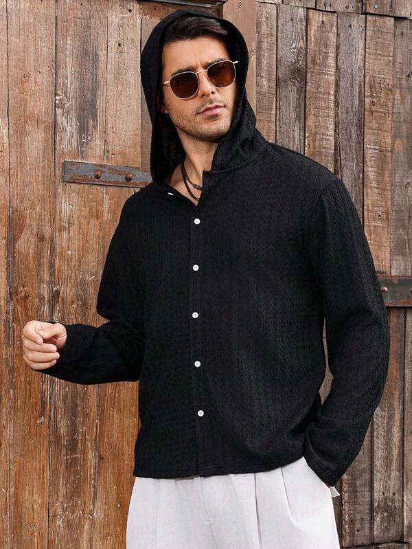 Genlund 男式休闲纯色纹理连帽长袖 T 恤