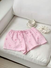 Comfortcana Summer Elegant Stripe Print Sweet Pink Bow Striped Low Waisted Elastic Shorts - Pink - View 3