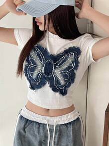 DAZY 女式圆领短袖透视T恤、短款上衣 - 白色 - 查看 12