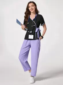 SHEIN TaskFit 对比色饰边系带裹身短袖手术服套装 - 彩色 - 查看 1