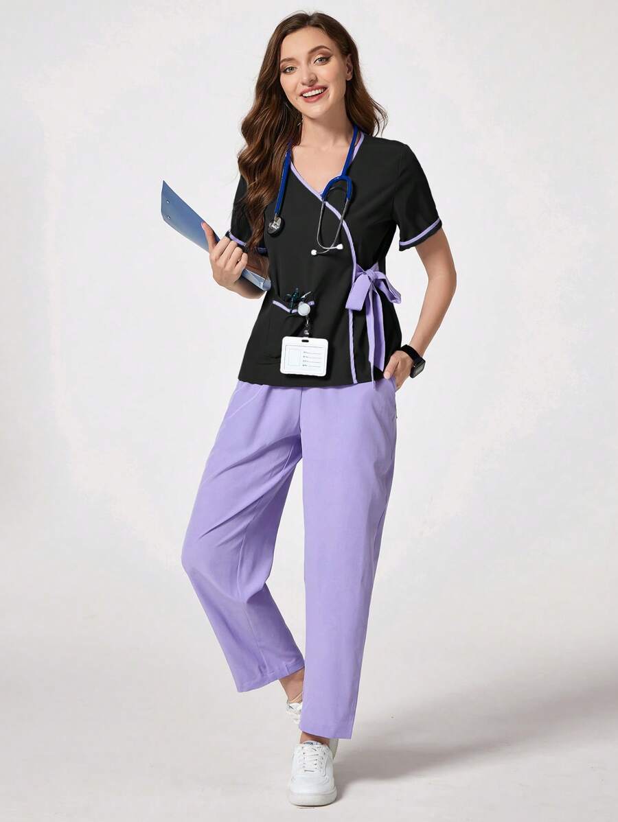 SHEIN TaskFit 对比色饰边系带裹身短袖手术服套装 - 彩色 - 查看 1