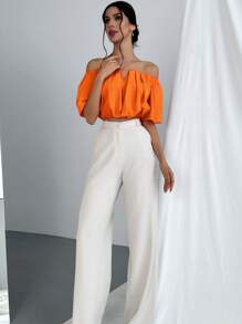 Aloruh Elegant Vacation Solid Color Off Shoulder V-Neck Cinched Waist Short Sleeve Blouse, Summer