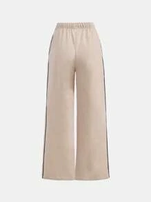 Teen Girls  Contrast Trim Drawstring Waist Wide Leg Casual Cargo Pants - Apricot - View 2