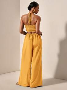 Slaydiva Women's Vacation Solid Color Shirred Waist Hollow Out Halter Wide Leg Jumpsuit - Yellow - View 2