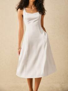 Poéselle Women's Elegant Solid Color A-Line Waist Fit Midi Dress - White - View 4