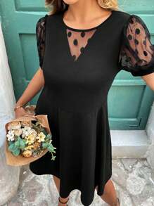 SHEIN Clasi Plus Size Solid Color Polka Dot V-Neck Sheer Puff Sleeve High Waist Dress,Vacation Outfits Woman,Summer Outfits For Women,Business Casual Woman,Going Out Tops Women ,Office Wear Women,Spring Outfits For Women,Festival ,Old Money, Elegant Woman Clothing,Modesty Clothes Women ,Suitable For Everyday Elegant Wear