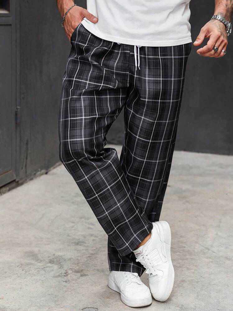 Manfinity Homme 大码男式休闲格子抽绳腰裤 - 彩色 - 查看 5