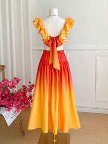 SHEIN VCAY Conjunto de top corto con cuello cuadrado, espalda descubierta, mangas con volantes y falda larga en estilo degradado - Amarillo - Ver 2