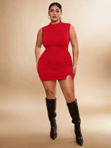 SHEIN BAE Plus Size Women Black Sleeveless Split Hem Elegant Sexy Midi Dress, Suitable For Date, Afternoon Tea, Commute, Wedding, Holiday, Party, Birthday, Valentine's Day, Formal, Gala, Beach, Club Outfits - Red - View 3