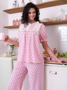 SweetSlumber Conjunto de pijama a rayas con volantes y lazo para mujer