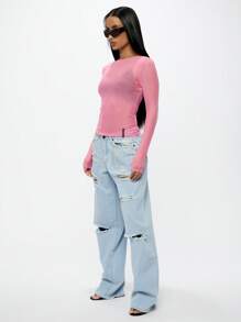 SUMWON WOMEN 长袖网眼透视短款上衣修身俱乐部服装节日时尚 Y2K 俱乐部派对透明垃圾摇滚风格分层必备单品 - 粉色 - 查看 3