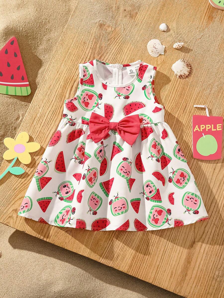 CoComelon X SHEIN 女婴可爱西瓜满身印花系带圆领无袖连衣裙 - 白色 - 查看 1