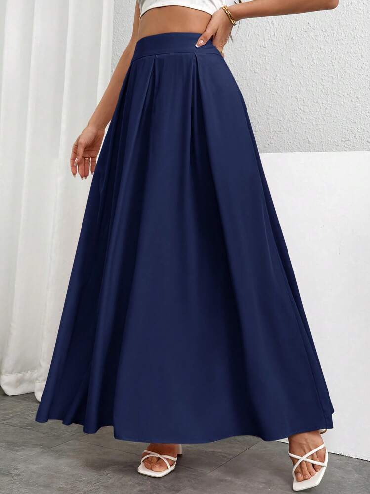 Firerie Women High Waist Pleated Long Skirt, Solid Color - Navy Blue - View 8