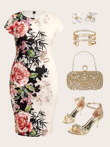 Ellevyn 大码时尚优雅印花修身齐膝连衣裙