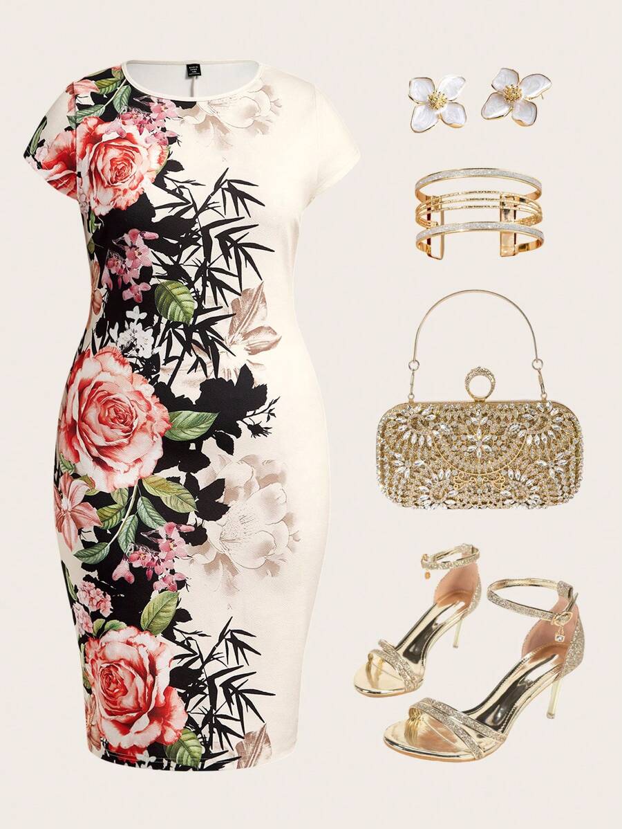 Ellevyn 大码时尚优雅印花修身齐膝连衣裙