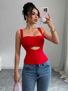 Chiquease 1pc Women's Solid Color Hollow Out Waist Strap Fashionable Tank Top - White - View 1